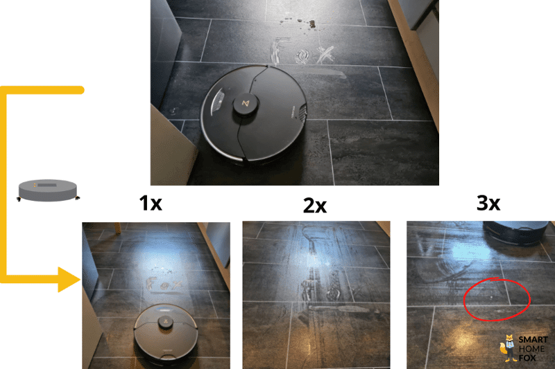 Результаты теста на качество влажной уборки Roborock S7 MaxV Ultra на полу из ПВХ.